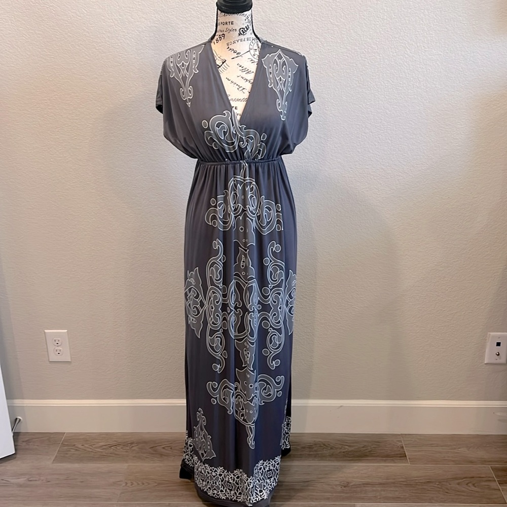 Charcoal gray & white, soft & silky Maxi dress